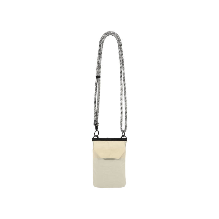 Minimalist Crossbody Phone Bag - A minimalist crossbody phone bag in cream colour with a patterned strap and a flap closure. Features a branding logo.