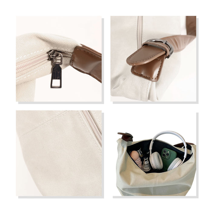 Dumpling Canvas Tote Bag - A beige canvas tote bag with brown accents, showcasing a zipper, strap detail, and interior contents including headphones and bottles.