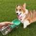 300ml Portable Pet Water Bottle - A drink bottle in green with a transparent base and a built-in bowl, beside a dog on grass.