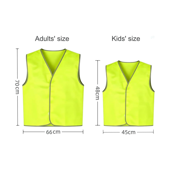 Hi-Vis Reflective Trim Velcro Placket Safety Vest - Hi-Vis reflective trim safety vests in bright yellow, available in adults' and kids' sizes. Each vest features a Velcro placket.