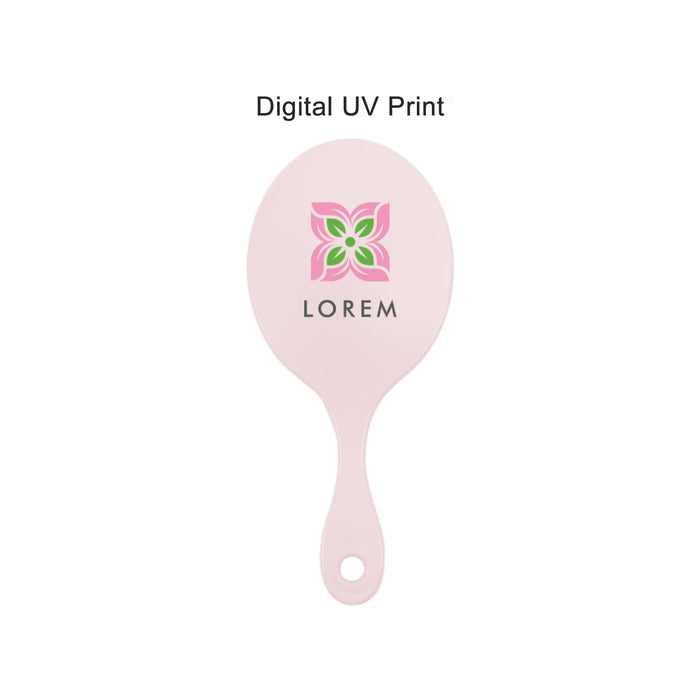 Chic Princess-Style Handheld Makeup Mirror - A pink handheld makeup mirror with a floral logo design in the centre.
