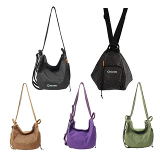 Convertible Lightweight Backpack Duffel Bag - Five convertible lightweight backpack duffel bags in brown, black, purple, and green with various straps and a logo.
