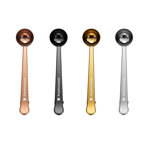 Coffee Measuring Spoon With Clip - Coffee measuring spoons in copper, black, gold, and silver, with clips and a logo on the handles.