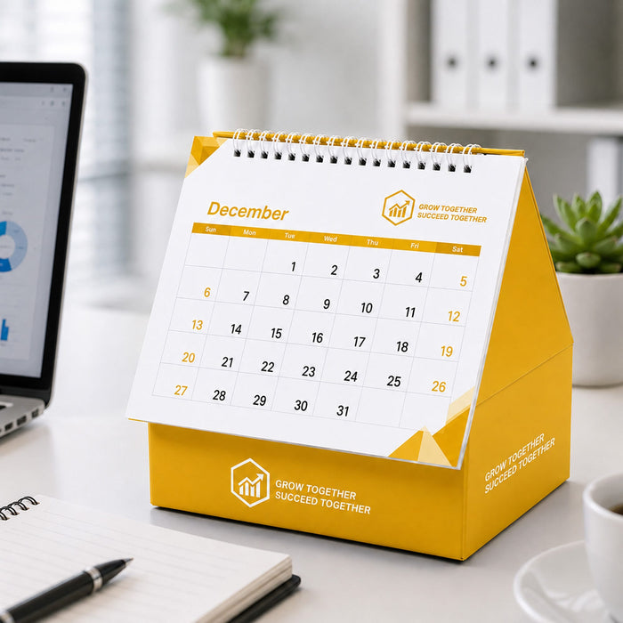 Desk Calendar With Organizer - A yellow desk calendar with an organiser, featuring a spiral binding and displayed on a workspace with a notebook and laptop.