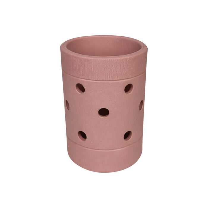 EVA Holes Stubby Holder - A drink bottle holder in a soft pink hue, featuring multiple holes and a smooth texture. It has a branding logo.