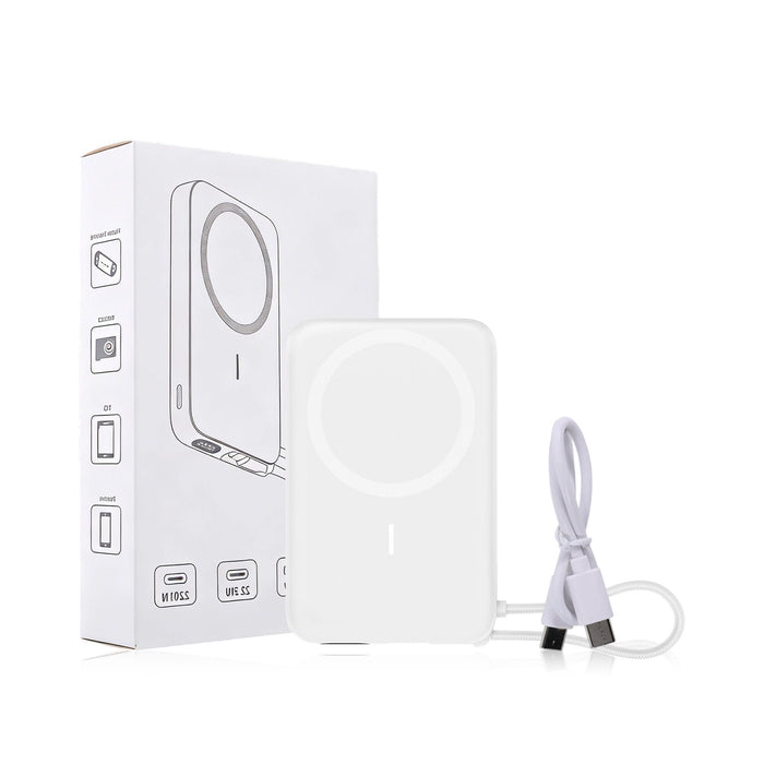 10000mAh Magnetic Wireless  Power Bank with Charging Cable - A white 10,000mAh magnetic wireless power bank with a USB charging cable, accompanied by a box featuring a logo.