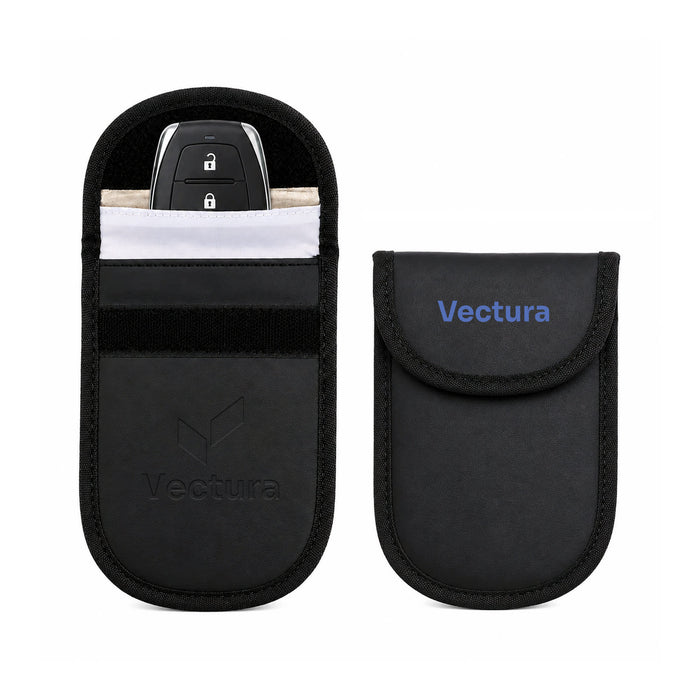 PU Faraday Signal Blocking Pouch - A black PU Faraday signal blocking pouch with a logo, designed to hold a car key.