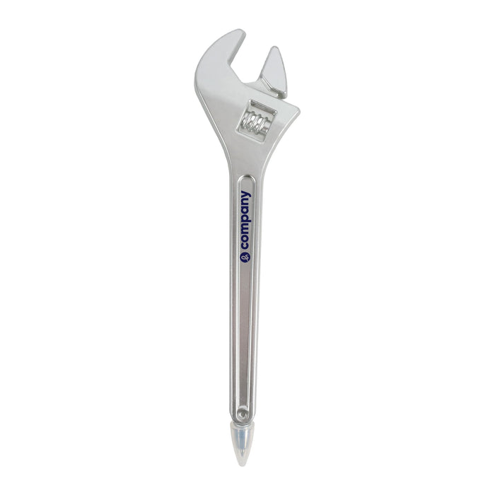 Spanner Shape Ballpoint Pen - A silver ballpoint pen shaped like a spanner, featuring a logo on the side.