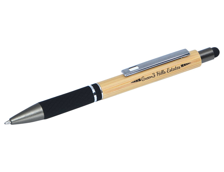 Vista Bamboo Stylus Pen - A bamboo stylus pen featuring a black grip and silver accents, complete with a branding logo.