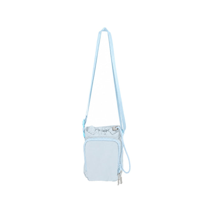 Water Bottle Holder with Strap - A drink bottle holder with a light blue strap, featuring a drawstring closure and a small front pocket.