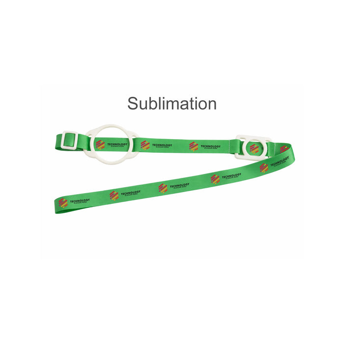 RPET 2 in 1 Water Bottle Lanyard - A drink bottle lanyard in green with white fittings and printed logos, designed for convenience and functionality.