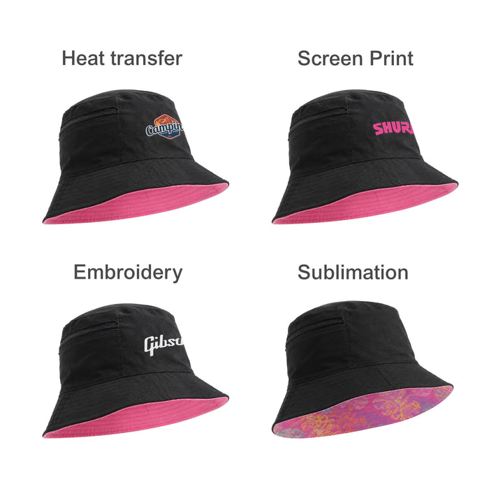Bucket Hat with Card Pocket - A black bucket hat with a pink underside and various promotional logos in different print styles.