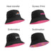 Bucket Hat with Card Pocket - A black bucket hat with a pink underside and various promotional logos in different print styles.