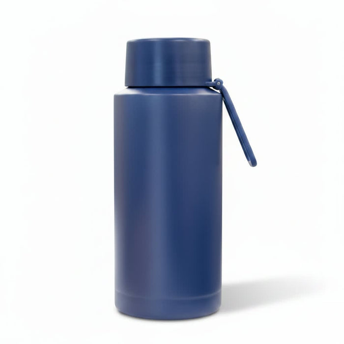 The Sofia 1L Bottle - A drink bottle in a matte navy blue finish with a secure lid and a carry strap, featuring a logo.