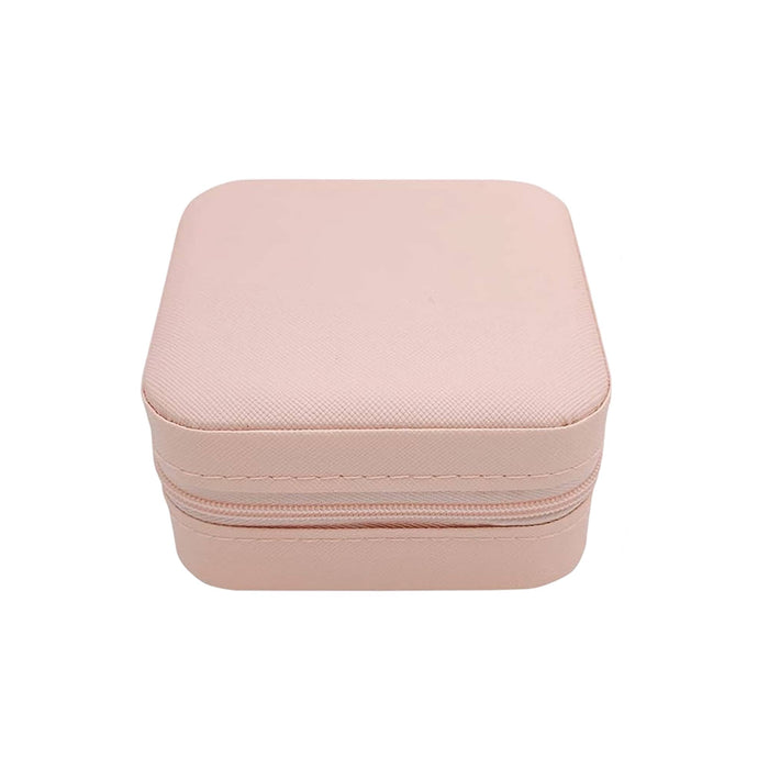 PU Leather Jewellery Box - A pink PU leather jewellery box with a textured surface and a zipper closure. It has a simple, compact design.