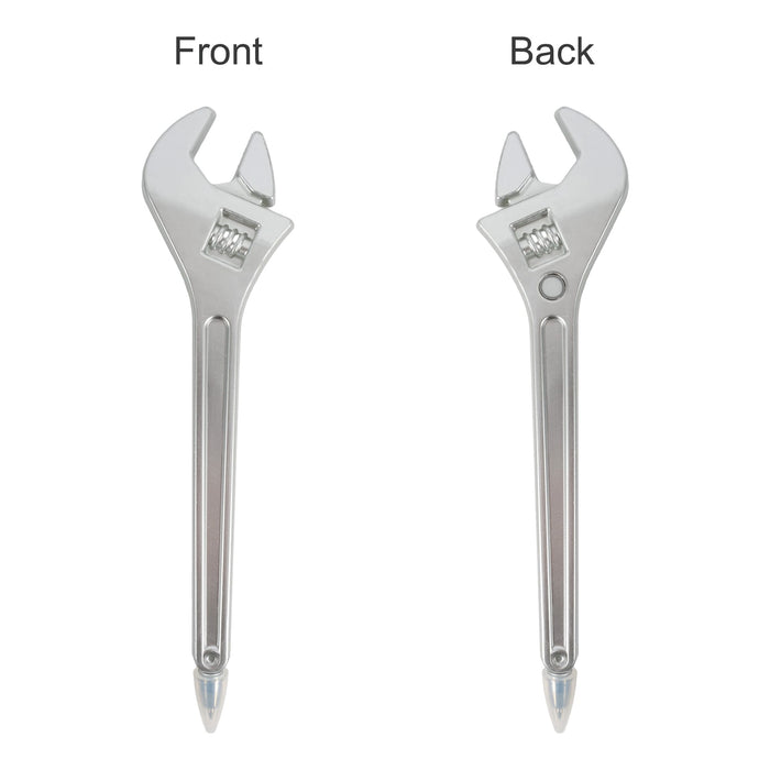 Spanner Shape Ballpoint Pen - A spanner-shaped ballpoint pen in silver with a front and back view. It features a logo.