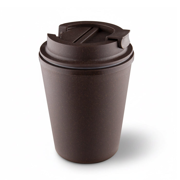Karvo Kuppa – EcoBlend - A drink bottle in a dark brown colour, featuring a cup design and a lid, with a branding logo present.