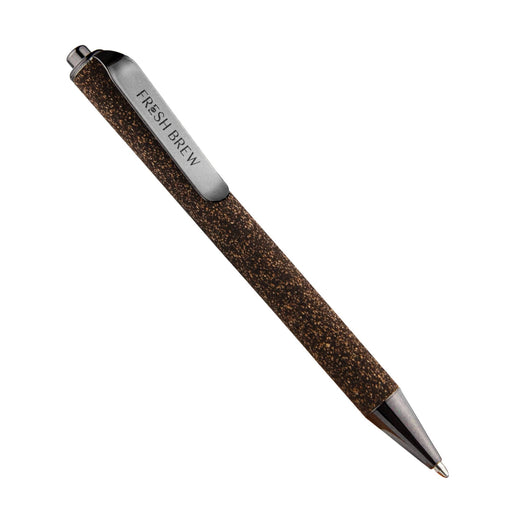 Coffee Grounds Pen - A brown pen with a textured surface, featuring a silver clip and branding.