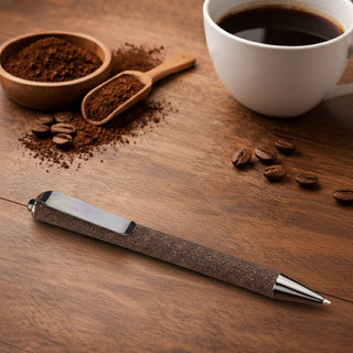 Coffee Grounds Pen - A brown pen with a metallic tip positioned on a wooden surface, surrounded by coffee grounds, beans, and a cup of coffee.