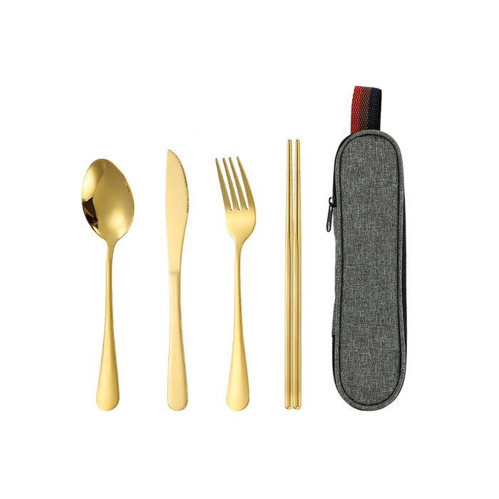 Travel Cutlery Set 4pcs - A travel cutlery set in gold featuring a spoon, knife, fork, and chopsticks, packed in a grey case with a logo.