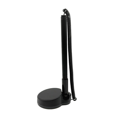 Counter Fixed Signature Pen D - A black fixed signature pen with a coiled cord attached to a round base.