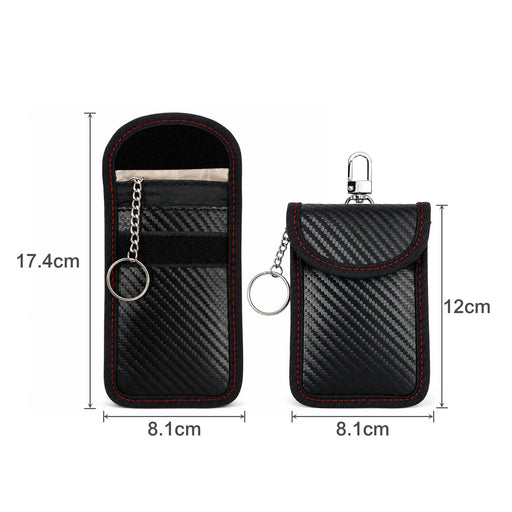 Carbon Fibre Faraday Key Pouch - A black carbon fibre Faraday key pouch with red stitching, featuring a keyring and a clip.
