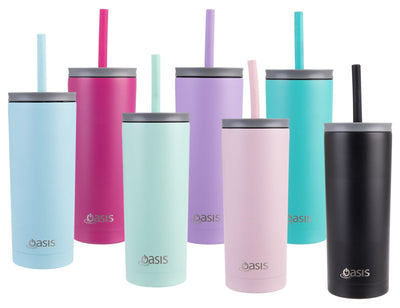 Oasis Super Sipper 600ml Vacuum Tumbler - A drink bottle collection featuring eight vacuum tumblers in various pastel colours including blue, pink, green, and black, with straws.