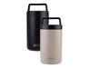 Oasis 700ml Vacuum Food Flask with Spoon - A drink bottle featuring a vacuum food flask in black and light beige, with a spoon and a handle. It has a logo.
