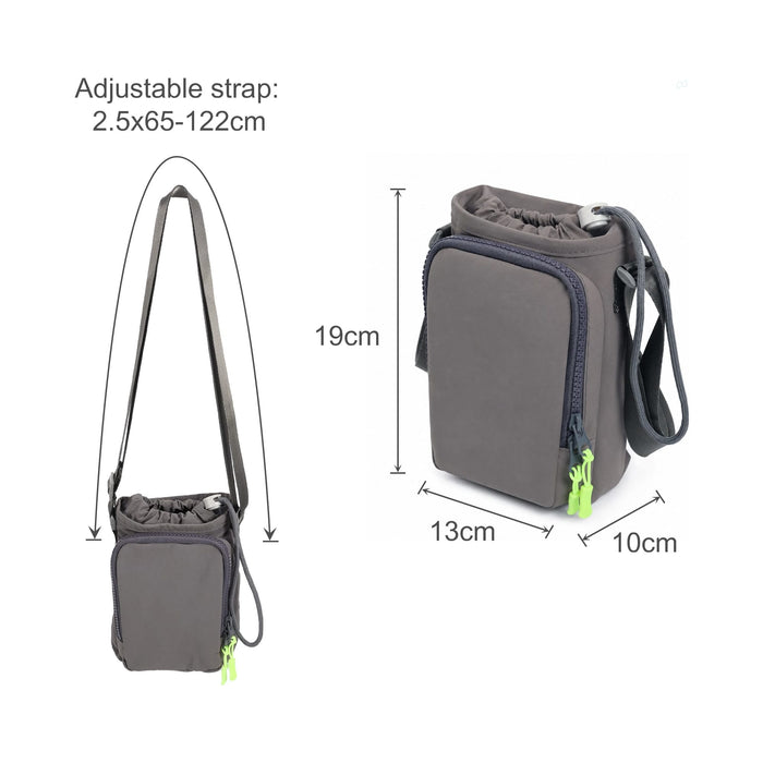 Water Bottle Holder with Strap - A drink bottle holder in grey with a green zipper, featuring an adjustable strap and side pocket.