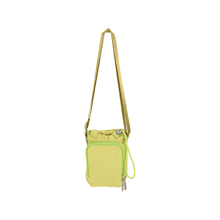 Water Bottle Holder with Strap - A drink bottle holder in bright yellow with a green zipper, featuring an adjustable strap and a drawstring closure.