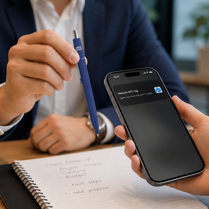 NFC Metal Ballpoint Pen - A blue metal ballpoint pen held above a smartphone displaying an NFC tag notification, with a notebook in the foreground.