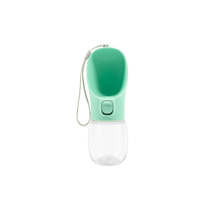 300ml Portable Pet Water Bottle - A drink bottle in mint green and clear plastic, featuring a built-in bowl and a loop for easy carrying.