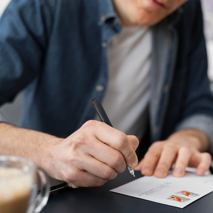 Plastic Baseball Bat Shape Pen - A person writing with a black pen on a postcard while seated at a table with a coffee cup nearby.