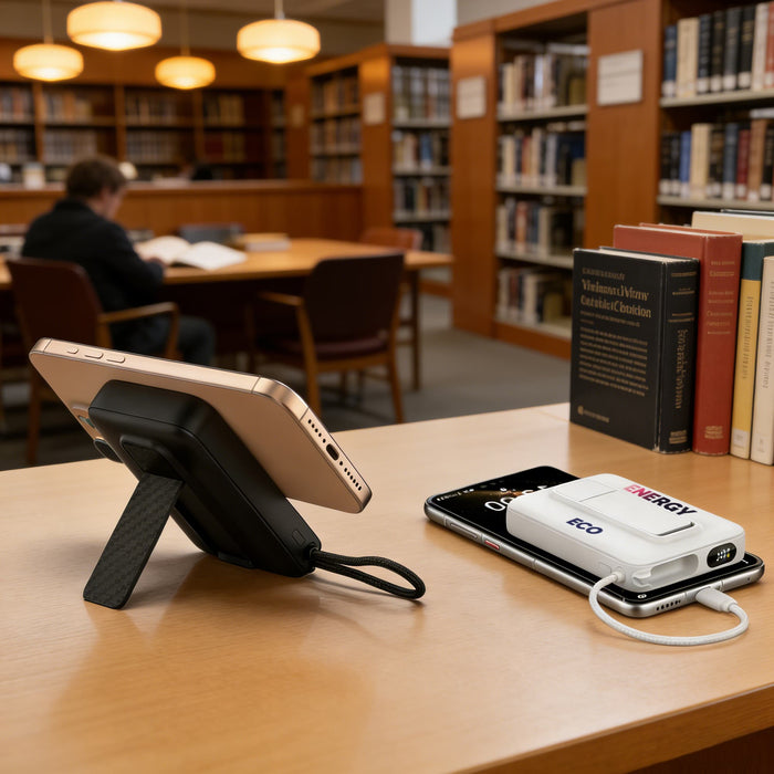 10000mAh Magnetic Wireless  Power Bank with Charging Cable - A wireless power bank with a charging cable, featuring a sleek design and a stand, placed on a library table.