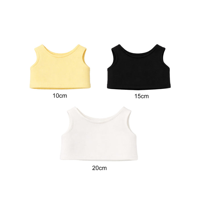 Plush Doll Basic Tank Top - A set of three basic tank tops in yellow, black, and white, displayed in varying sizes with labels underneath.
