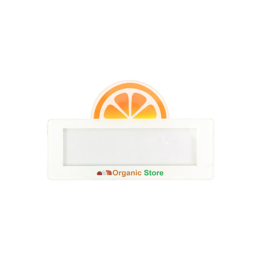 Custom Reusable Acrylic Name Badge - A reusable acrylic name badge in white, featuring a vibrant orange slice design and an area for custom text.