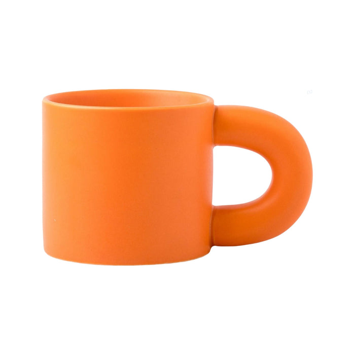 Laser Engraving Ceramic Coffee Mug - An orange ceramic coffee mug with a smooth finish and a rounded handle. It features a logo on one side.