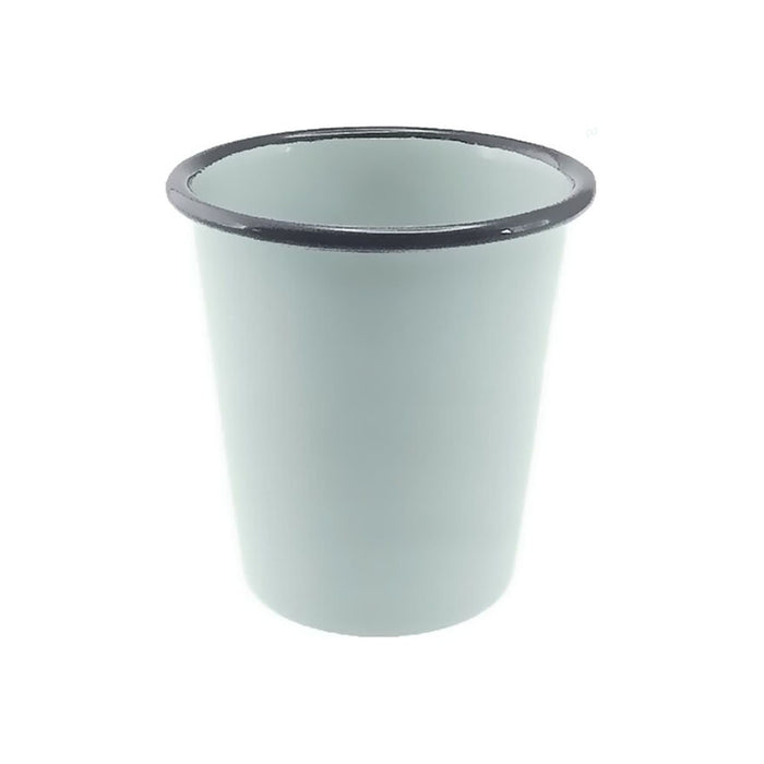 Falcon Enamel 300ml 9cm Tumbler - A light green enamel tumbler with a dark rim, 300ml capacity and 9cm height. It features a logo on the surface.