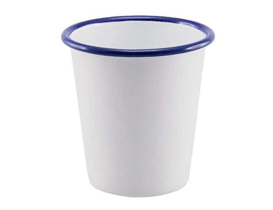 Falcon Enamel 300ml 9cm Tumbler - A white tumbler with a blue rim, designed for drinks. It has a logo on the surface.