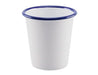 Falcon Enamel 300ml 9cm Tumbler - A white tumbler with a blue rim, designed for drinks. It has a logo on the surface.