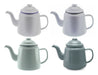 Falcon Enamel 950ml 12cm Teapot - A teapot set featuring four enamel designs in white and shades of green, each with a distinct handle and spout.