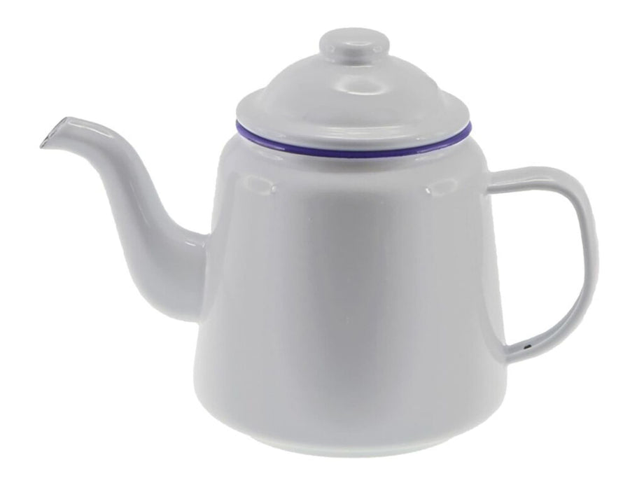 Falcon Enamel 950ml 12cm Teapot - A white enamel teapot with a purple rim, featuring a spout and a lid. It has one handle and a smooth finish.