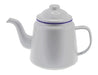 Falcon Enamel 950ml 12cm Teapot - A white enamel teapot with a purple rim, featuring a spout and a lid. It has one handle and a smooth finish.