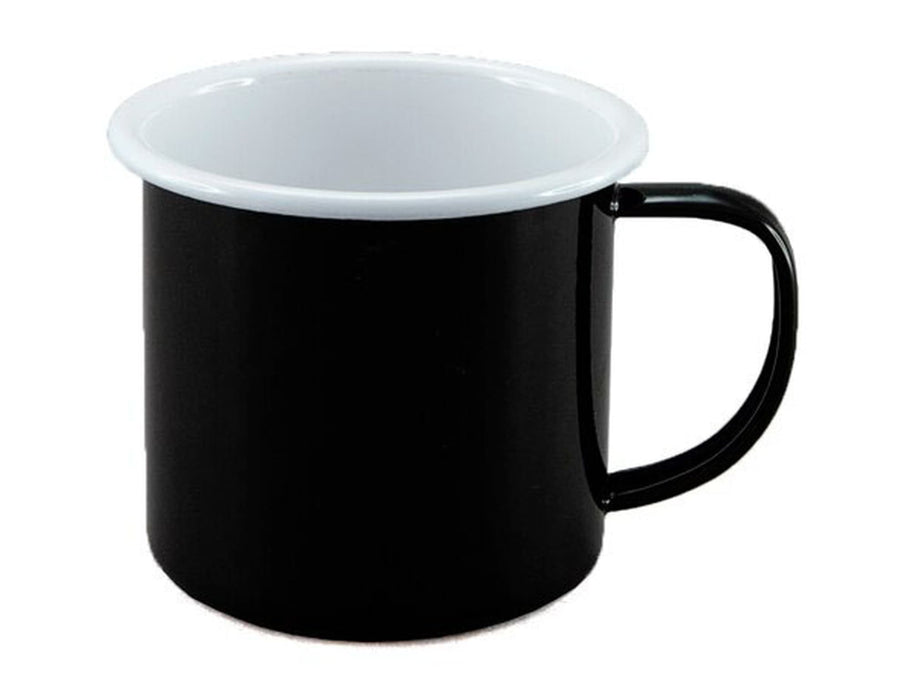 Falcon Enamel 350ml 8cm Two-Tone Mug - A two-tone mug featuring a black exterior and a white inner surface, with a sturdy handle and a logo.