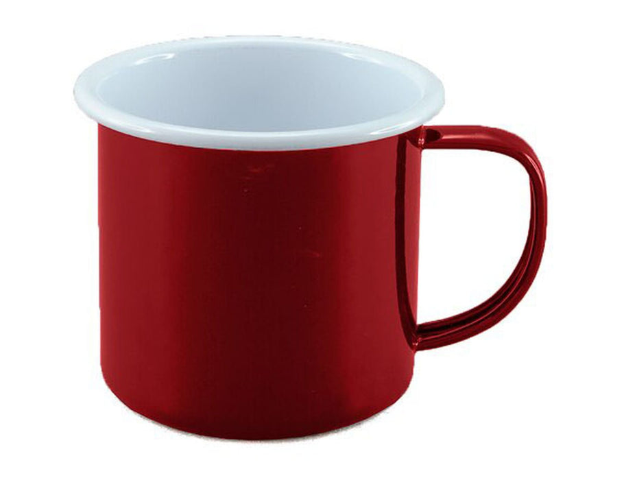 Falcon Enamel 350ml 8cm Two-Tone Mug - A red two-tone enamel mug with a white inner surface and a sturdy handle. It has a branding logo visible.