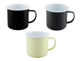 Falcon Enamel 500ml 9cm Two-Tone Mug - A set of three two-tone mugs in black, grey, and yellow, each with a contrasting white interior and handle.