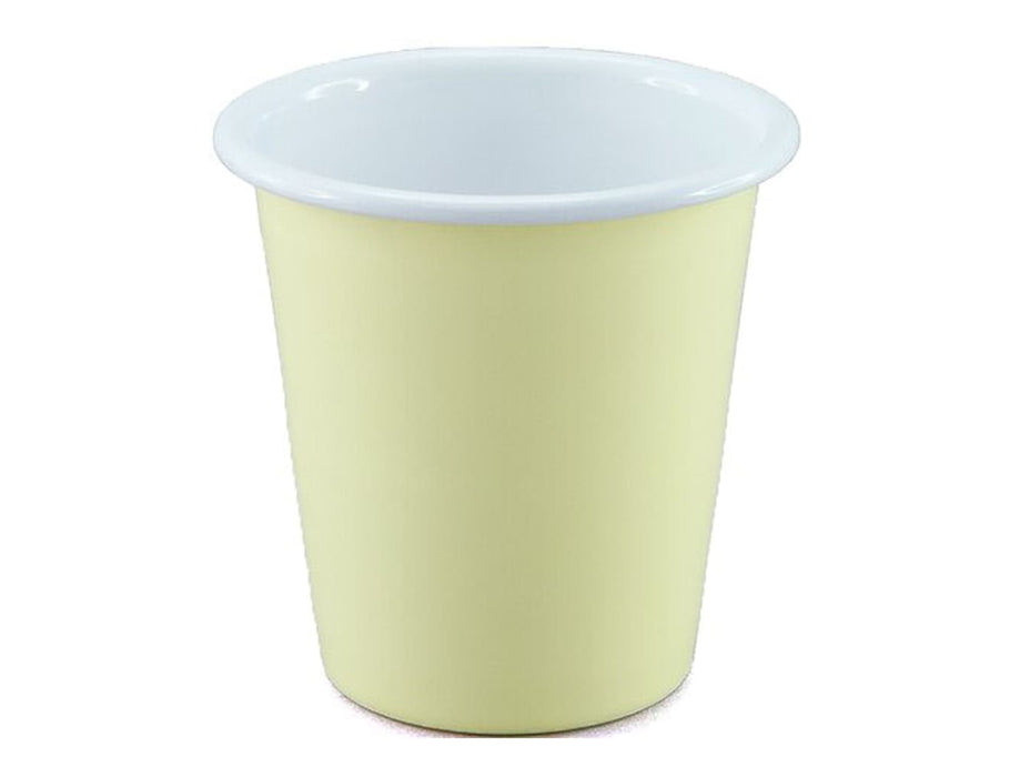 Falcon Enamel 300ml 8cm Tumbler - A tumbler featuring a pale yellow exterior with a white rim and an interior. Includes a logo on the surface.