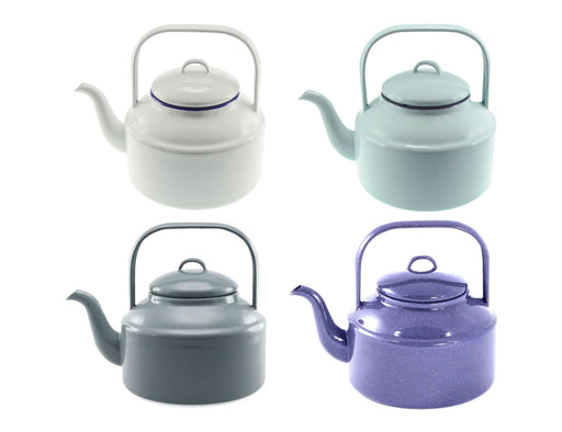 Falcon Enamel 2L 18cm Tea Kettle - A collection of four tea kettles in white, pastel blue, dark grey, and purple with a classic design and handles.