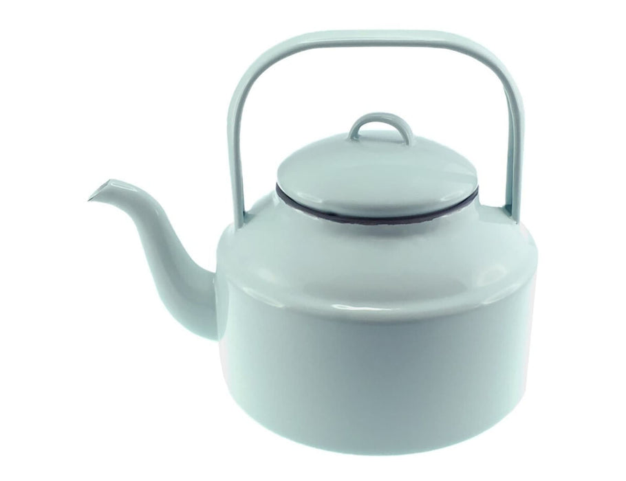 Falcon Enamel 2L 18cm Tea Kettle - A light blue enamel tea kettle with a lid and handle, featuring a spout and a simple design.