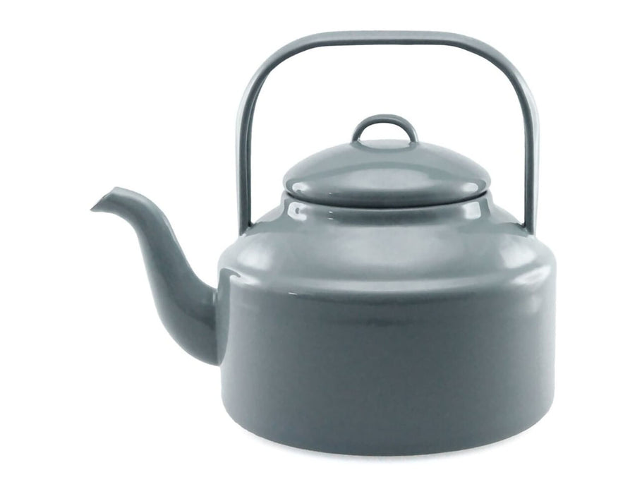 Falcon Enamel 2L 18cm Tea Kettle - A grey enamel tea kettle with a round body, a lid, and a handle for pouring. It features a spout and has a logo.
